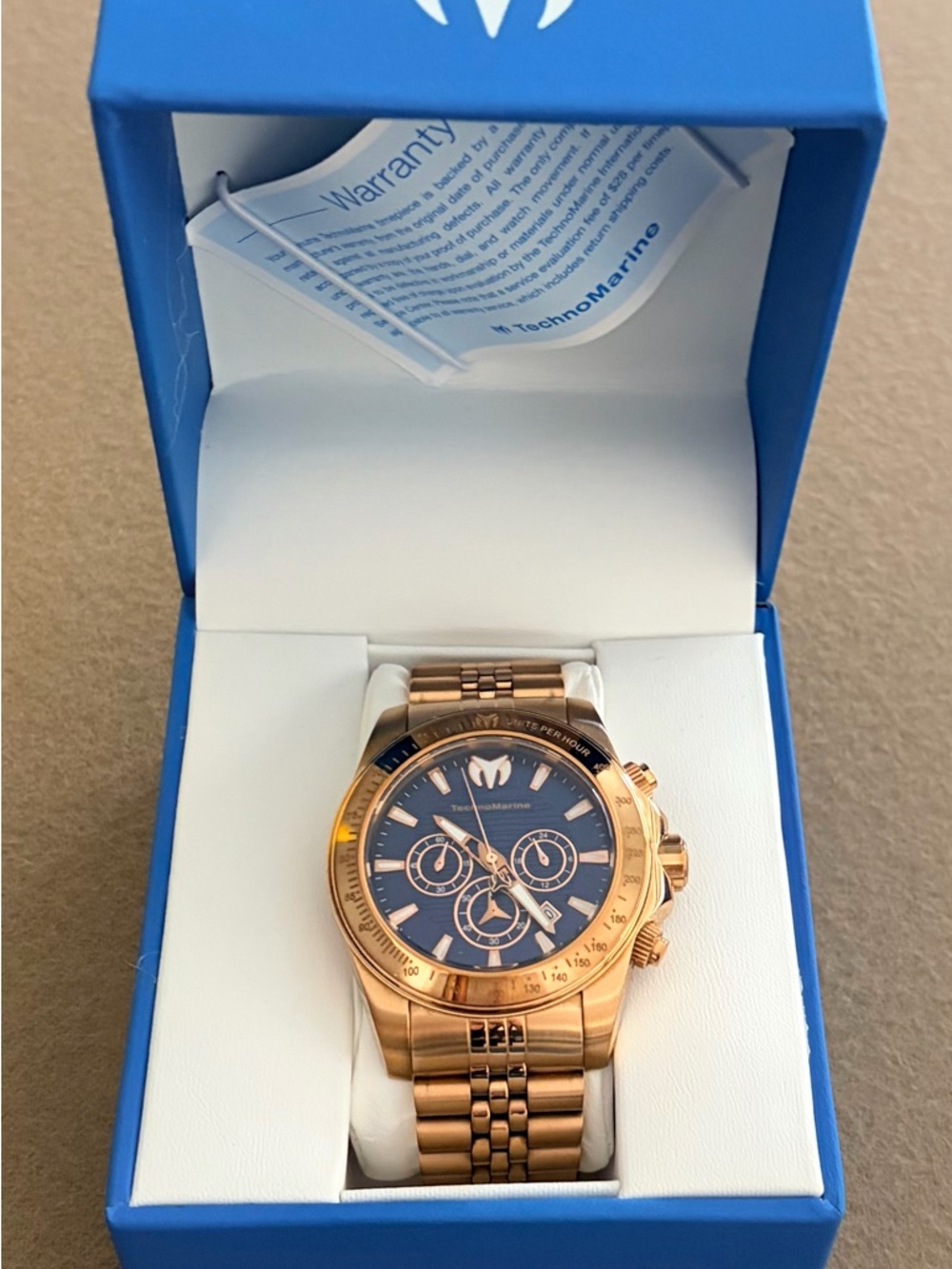 Technomarine Rose Gold Watch with Blue Dial Chronograph